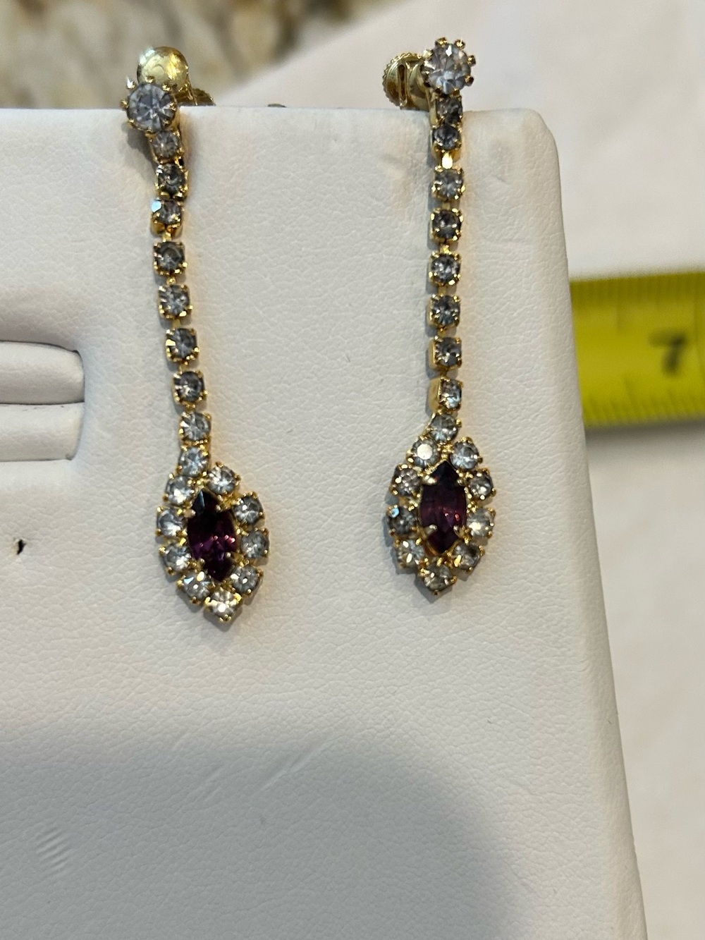 Vintage Gold Drop Earrings with Purple Center Stones & Clear Rhinestone Accents